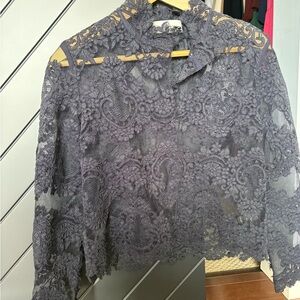 Aritzia Babaton Lace Long-Sleeve Sheer Blouse, Navy - only worn once, v elegant